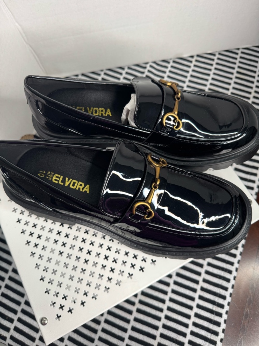 Elvora Black Slip On Loafers Size 10 Chunky 2.5 Heels